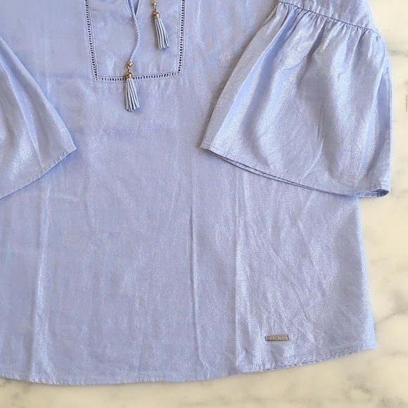 NWOT. Ellen Tracy Linen Rayon Sparkle Blouse w/front design & 3/4 flare sleeve. - Picture 5 of 6